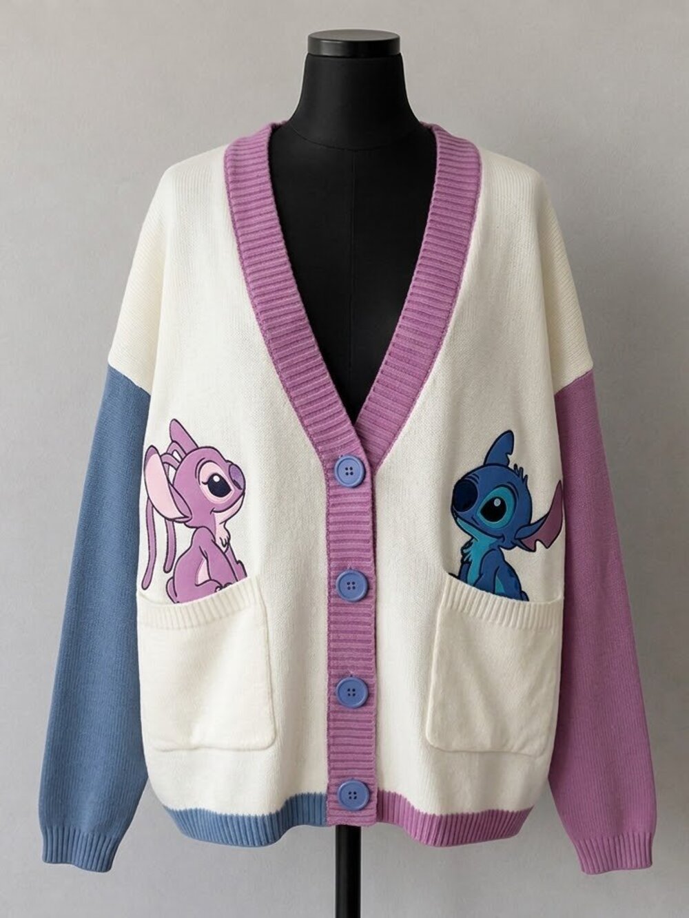Disney Stitch & Angel Colorblock Button Front Cardigan Sweater Pastel Large L